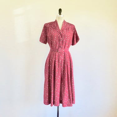 1940's Raspberry Red Rayon Silk Floral Print Dress Shirtwaist Style Collared Short Sleeves Rockabilly Swing WW2 Era 34