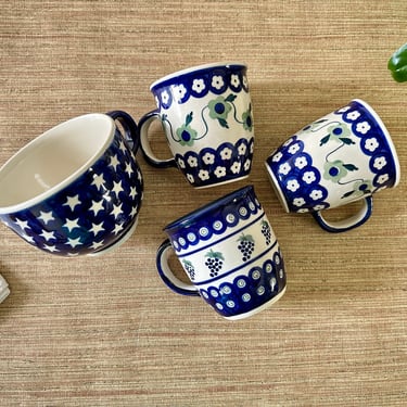 Vintage Boleslawiec Manufaktura Polish Ceramic Cups - Coffee Mugs - Set of 4 - Hand Made Pottery in Poland 