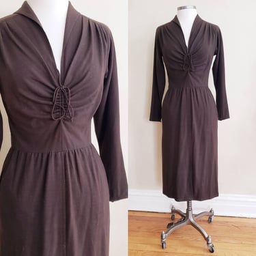 1970s Brown Wool Long Sleeved Dress Laced Bodice Achille Datillo 