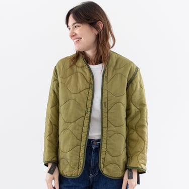 Vintage Celery Green Liner Jacket | Unisex Wavy Quilted Nylon Coat | S | LI243 