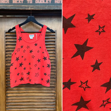 Vintage 1980’s Cotton Red x Black Glam Star Print Mod New Wave Tank Top Tee Shirt, 80’s Vintage Clothing 