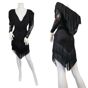 Climax 1980's Black Fringe Lace Rocker Tight Dress i Sz Sm I David Howard I Karen Okada 