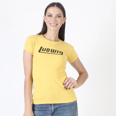 Vintage 70s Yellow Womens Ludwig Drums T Shirt Large 