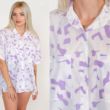 Abstract Button Up Shirt 80s White Purple Print Shirt Short Sleeve Vintage 1990s Chest Pocket Collared Blouse Oversize Large 