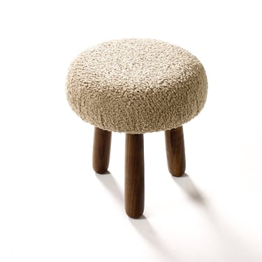 Custom Awassi Tripod Ottoman / Footstool — Turned Walnut legs — Camel Tan Bouclé 