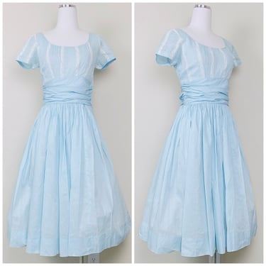 1950s Vintage Gilden Junior Pastel Lace Trim Day Dress / 50s Fit and Flare Pleated Blue Cotton Dress / Size Small 