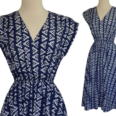 Vintage 70s Batik Print Dress, Navy Blue and White Cotton Dress by Kresno, Made in Singapore, Size S Small 