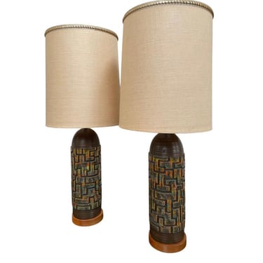 Mid-Century Modern Ceramic and Wood Lamps, a Pair 