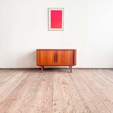 Small Mid Century Teak Sideboard, Credenza with Tambour Doors, Danish Design, 1950s 