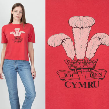 70s Welsh Hearldic Badge Cropped T Shirt - Large | Vintage Faded Red Prince Of Wales Feather Crest Graphic Tee 
