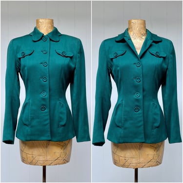 Vintage 1940s Green Wool Gabardine Jacket, Princess Seam Hourglass Silhouette, New Look Blazer, 40s Girl Friday 