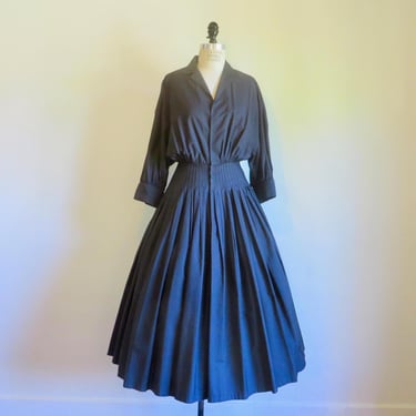 1950's Style Black Cotton Fit and Flare Shirt Dress Shirtwaist Style Full Skirt 1980's French Designer Guy Paulin Paris 27