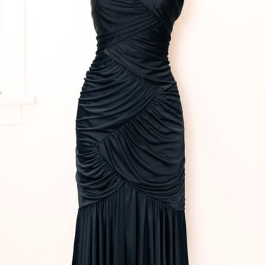 Marilyn Monroe style Black Jersey Strapless Evening Dress Vintage Draped Tight Wiggle Gown 1970's, 1980's TD4, 3/4 length 