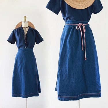 denim wrap skirt 28-34 - vintage 70s 80s blue jean belted a line casual comfortable work chore skirt 