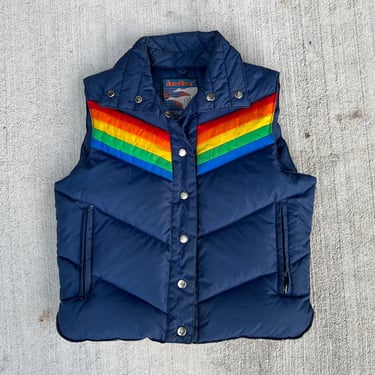 Vintage 70s Antler Navy Blue Rainbow Kelso That 70s Show Down Feather Insulated Puffer Winter Vest S 