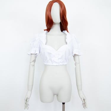 Vintage 90s White Cotton Crop Top Boho Puffed Shoulders Short Sleeves Front Buttons Size L 