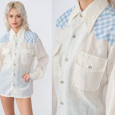 70s Western Shirt Checkered Gauze Pearl Snap Shirt Sheer Off-White Blue Plaid Button up Long Sleeve Rodeo Cowboy Boho 1970s Vintage Medium 