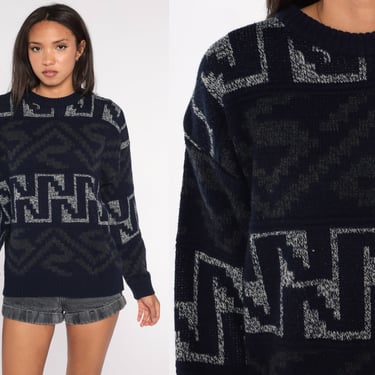 Geometric Sweater 90s Navy Blue Knit Pullover Sweater Grunge Statement Hippie Knitwear Retro Jumper Acrylic 1990s Vintage Large L XL 