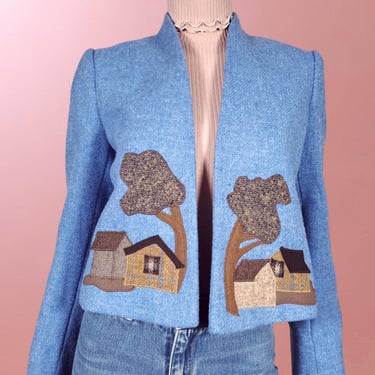 Vintage wool patchwork jacket unique 1980s autumn novelty home sweet home trees & houses crop cut blue/brown (S/XS) 