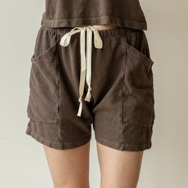 Hemp Lounge Short, Genderless Clothing, Plant dyed Pocket Shorts, Dark Brown Tie Pants 