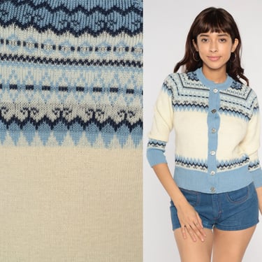 90s Wool Cardigan Fair Isle Knit Sweater Baby Blue Cream Boho Nordic Print Sweater Retro 1990s Vintage Knitwear Button Up Extra Small xs 