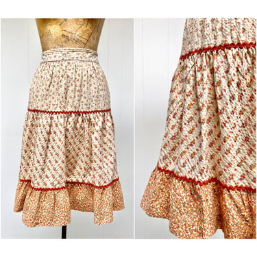 Vintage 1970s Cottagecore Skirt, 70s Cotton Seersucker Calico Print Skirt, Beige/Orange Floral Boho Peasant Skirt, Small 