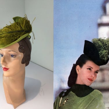 One Step Forward - Vintage 1940s Milgrim Chartreuse Wool Felt & Feather Tilt/Topper Hat 
