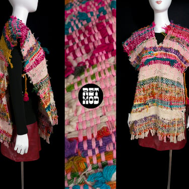 INCREDIBLE Vintage 70s Colorful Woven Boho Poncho with Side Ties 