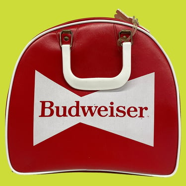 Vintage Budweiser Bowling Bag Retro 1970s Athletic + Red and White Vinyl + Plastic Top Handles + Beer Memorabilia + Sports Gear + Storage 