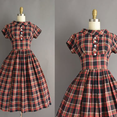1950s dress | Red & Black Plaid Print Full Skirt Shirtwaist Cotton Dress | Small | 50s vintage dress 