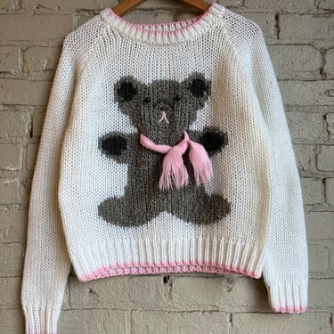 Small, Vintage 1980s Teddy Bear Sweater, Cute, Hand Knit 