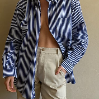 Vintage Bold Ocean &amp; Ivory Striped Button Down