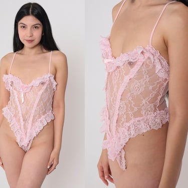 Pink Lace Bodysuit 80s Lingerie Teddie Romper Sheer One Piece High Cut Thong Leotard Ribbon Bow Ruffled Sexy Romantic Vintage 1980s Small S 