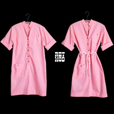 Comfy Chic Vintage 60s 70s Pastel Pink Shirt Dress with Pockets 