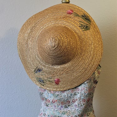Rare Find  Vintage 1950s 50s Summer Straw large brim sun hat  Made in Italy with embroidered flowers 