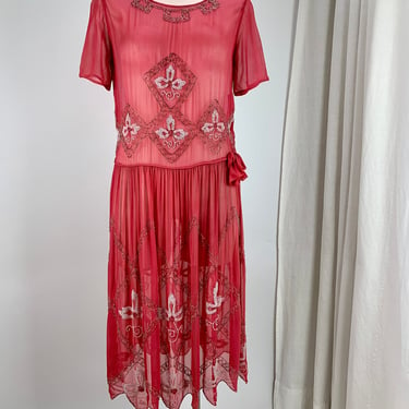 1920's Beaded Dress - Coral Silk Chiffon - White & Metallic Glass Beadwork - Scalloped Hemline - Authentic Vintage - Size Small to Medium 