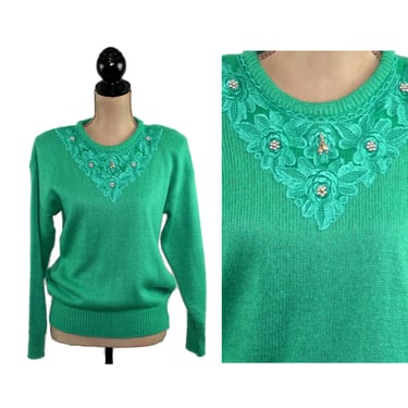80s Beaded Lace Embellished Green Sweater Medium, Ramie Acrylic Knit Pullover with Shoulder Pads Dressy Romantic Clothes Women Vintage 1980s 