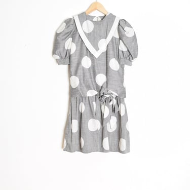 vintage 80s dress gray white polka dot print kinderwhore mini puff sleeve XS clothing 