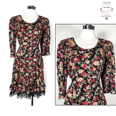 80s Black Floral Paisley Sweater Dress - Medium – Flying Apple Vintage