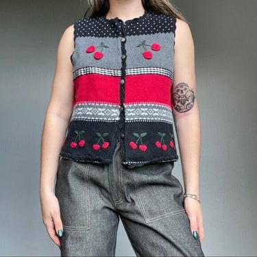 Vintage Women’s Novelty Cotton Knit Striped Cherry Sweater Vest Waist Coat Sz L 