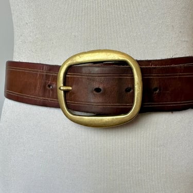 Vintage 1960’s belts~ Men’s brown tooled leather belt~ thick with brass buckle~ classic Rocker boho style / gender neutral / size 28”- 32” w 