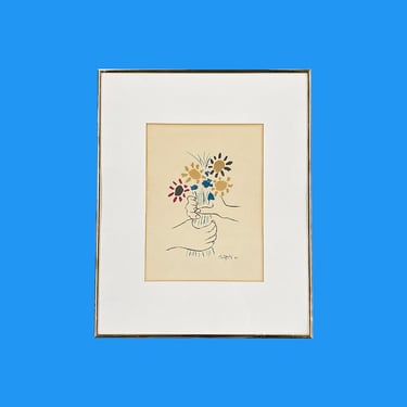 Vintage Pablo Picasso Print 1980s Retro Size 20x16 Contemporary + Bouquet of Peace + Hand With Flowers + Reproduction + Home + Wall Decor 