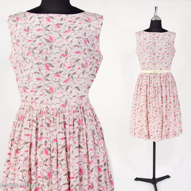 1950s Pink Print Rayon Dress | 50s Pink & Brown Leaves Print Dress | Medium 