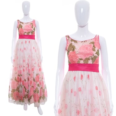 1960's Emma Domb Pink Rose Print Gown Size XS