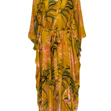 Bel Kazan - Mustard Yellow w/ Multicolor Floral Print Cover Up Dress One Size
