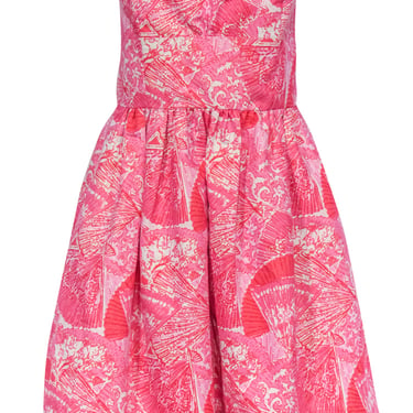 Lilly Pulitzer - Pink & Red Metallic Fan & Floral Print Strapless Dress Sz 10