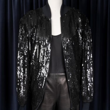 1980s Black Silk Sequin Oversized Bomber by Laurence Kazar New York 