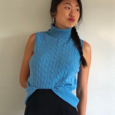 90s cashmere sleeveless turtleneck / vintage marine blue 2 ply cashmere cable knit tank top sleeveless sweater deadstock | S M 