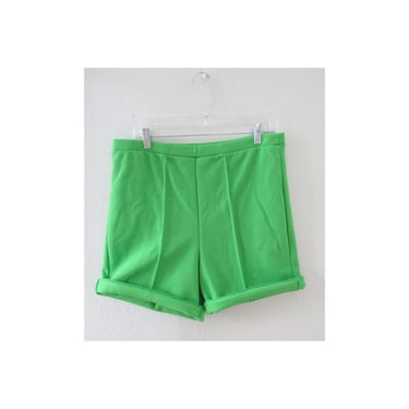 Vintage 60s Mod Shorts - Bright Green Groovy Polyester High Waisted Short - Size Large 