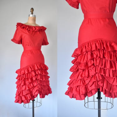 Maria chacha two piece set, 1960s red ruffle skirt,  flamenco skirt, cotton top and skirt, dance dress 